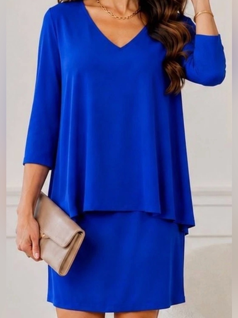 Joseph Ribkoff Royal Blue Overlay Tunic Dress Sz 8 V Neck 3/4 Sleeve Cocktail 10